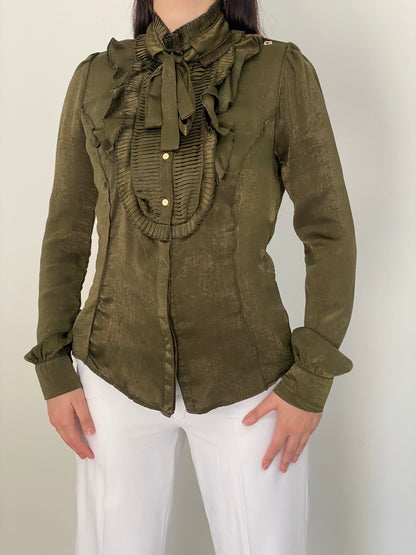 Goldie Estelle Olive Green Long Sleeve Shirt Ruffle Bow Blouse – M