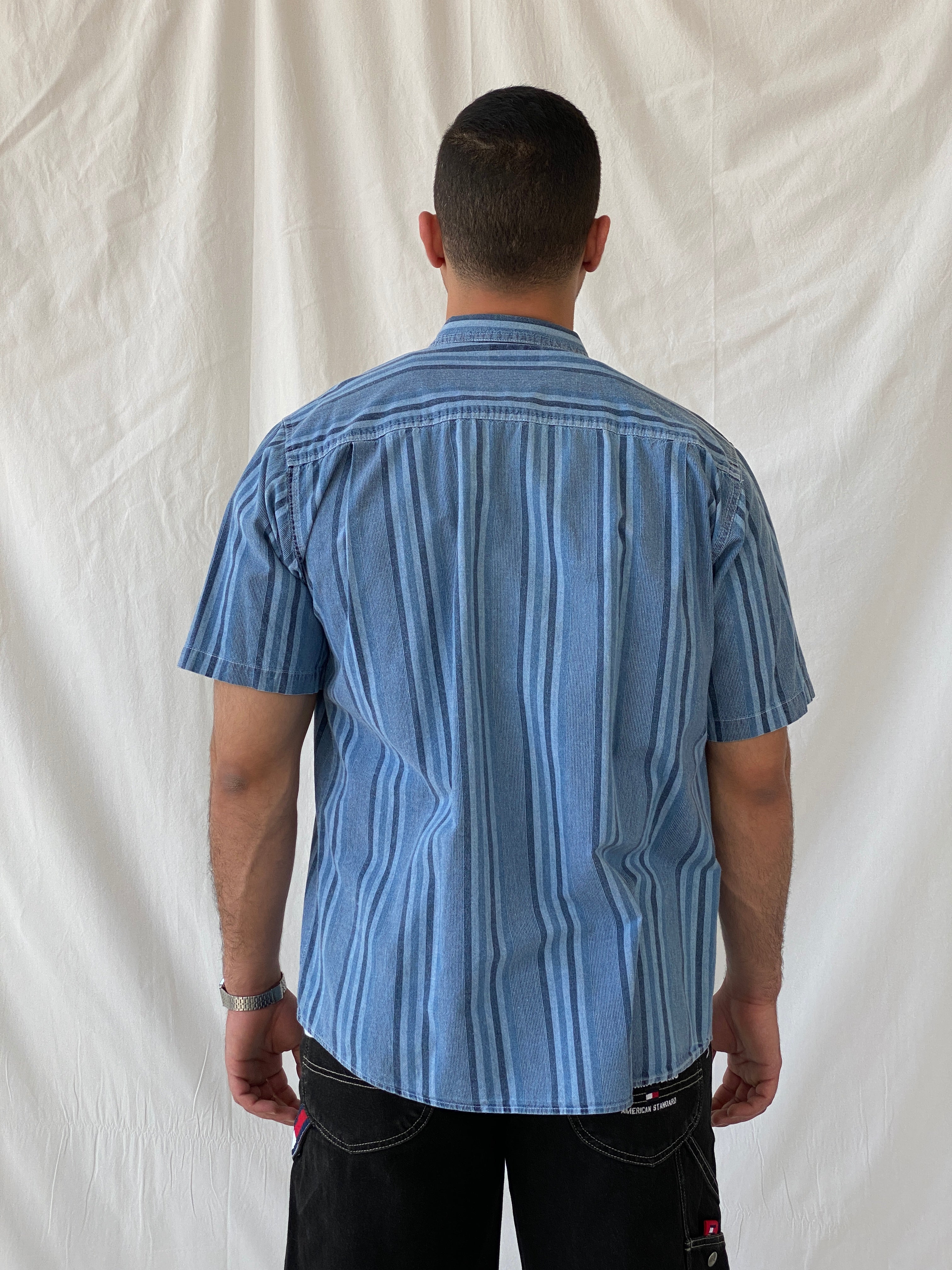 Vintage 90s Faded Glory Men’s Button Up Striped Blue Short Sleeve Cotton Shirt - L