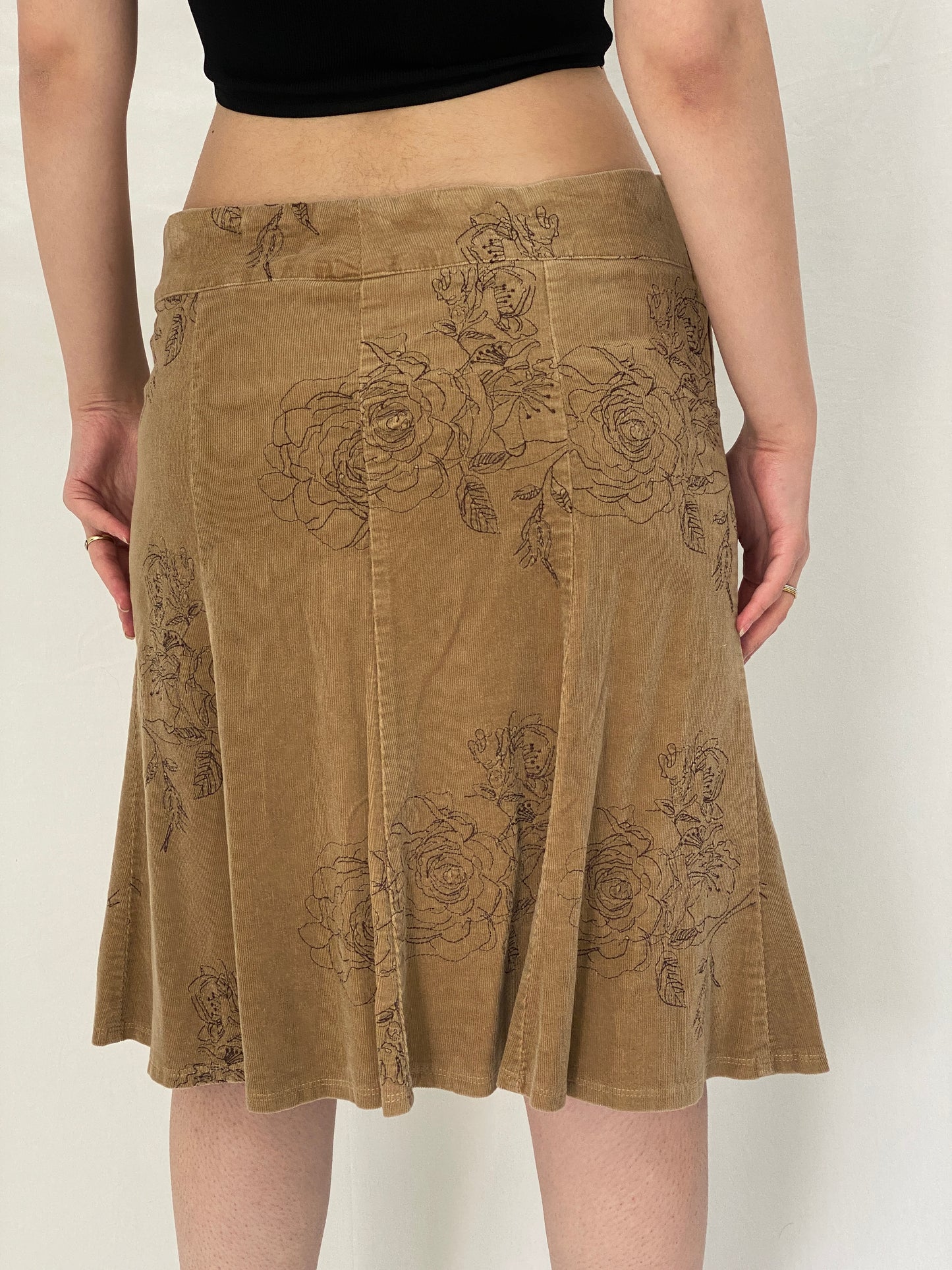 Vintage 00s Papaya Corduroy Floral Embroidered A-Line Skirt - M