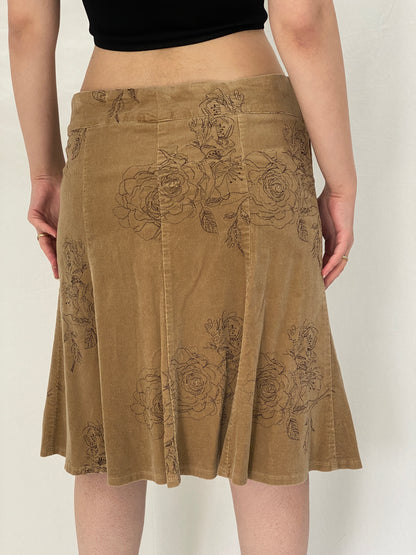 Vintage 00s Papaya Corduroy Floral Embroidered A-Line Skirt - M