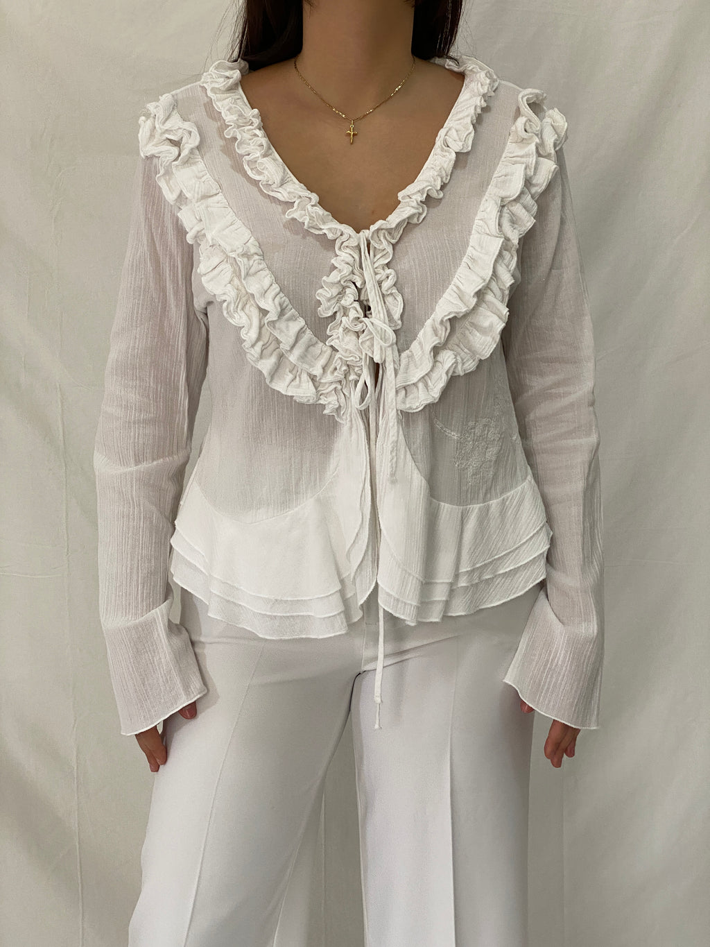 Vintage Y2K White Ruffled Sheer Cardigan Tie Front Romantic Fairy Grunge Blouse - L