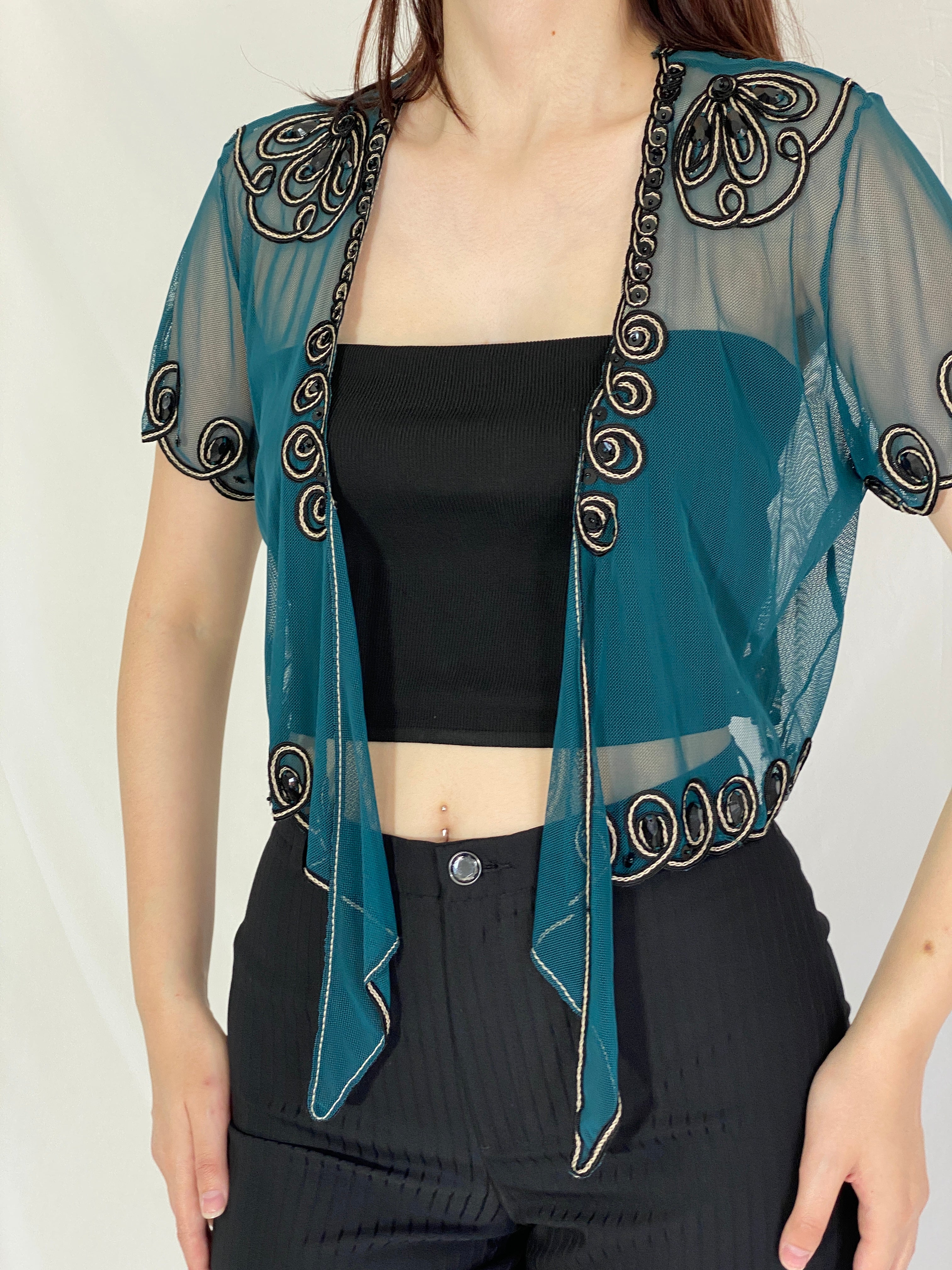 Vintage Teal Sheer Beaded Cropped Cardigan Top - M