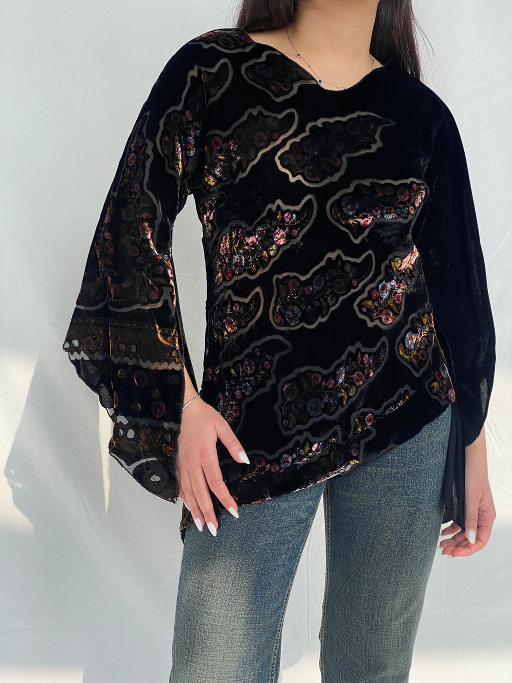 Y2K Velvet Sheer Black Bell Sleeve Top - M
