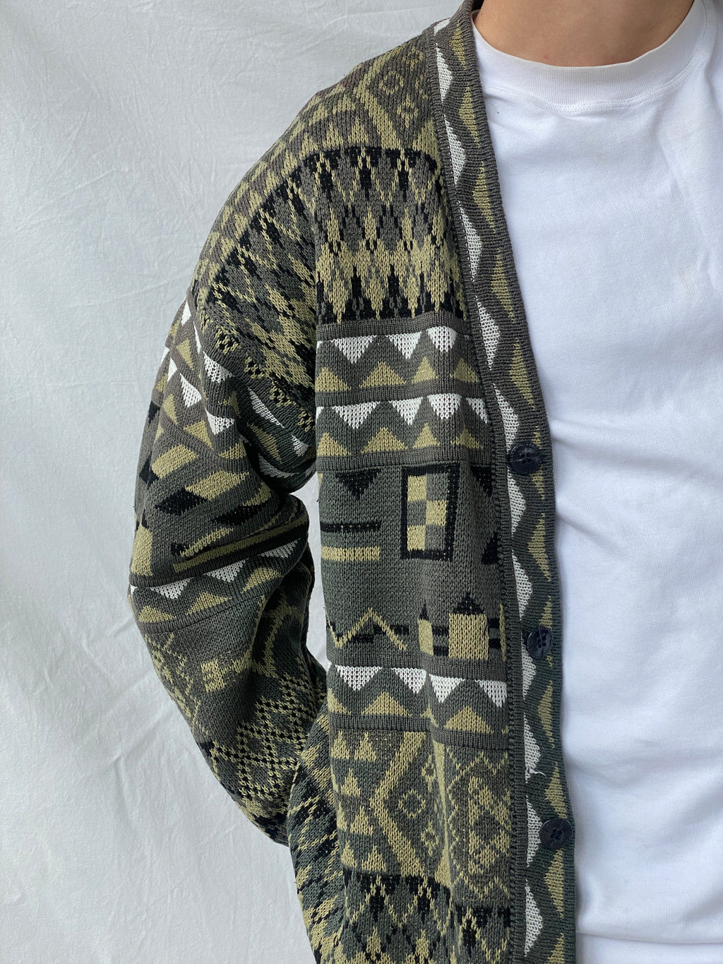 Vintage Geometric Print Men’s Cardigan Sweater - L