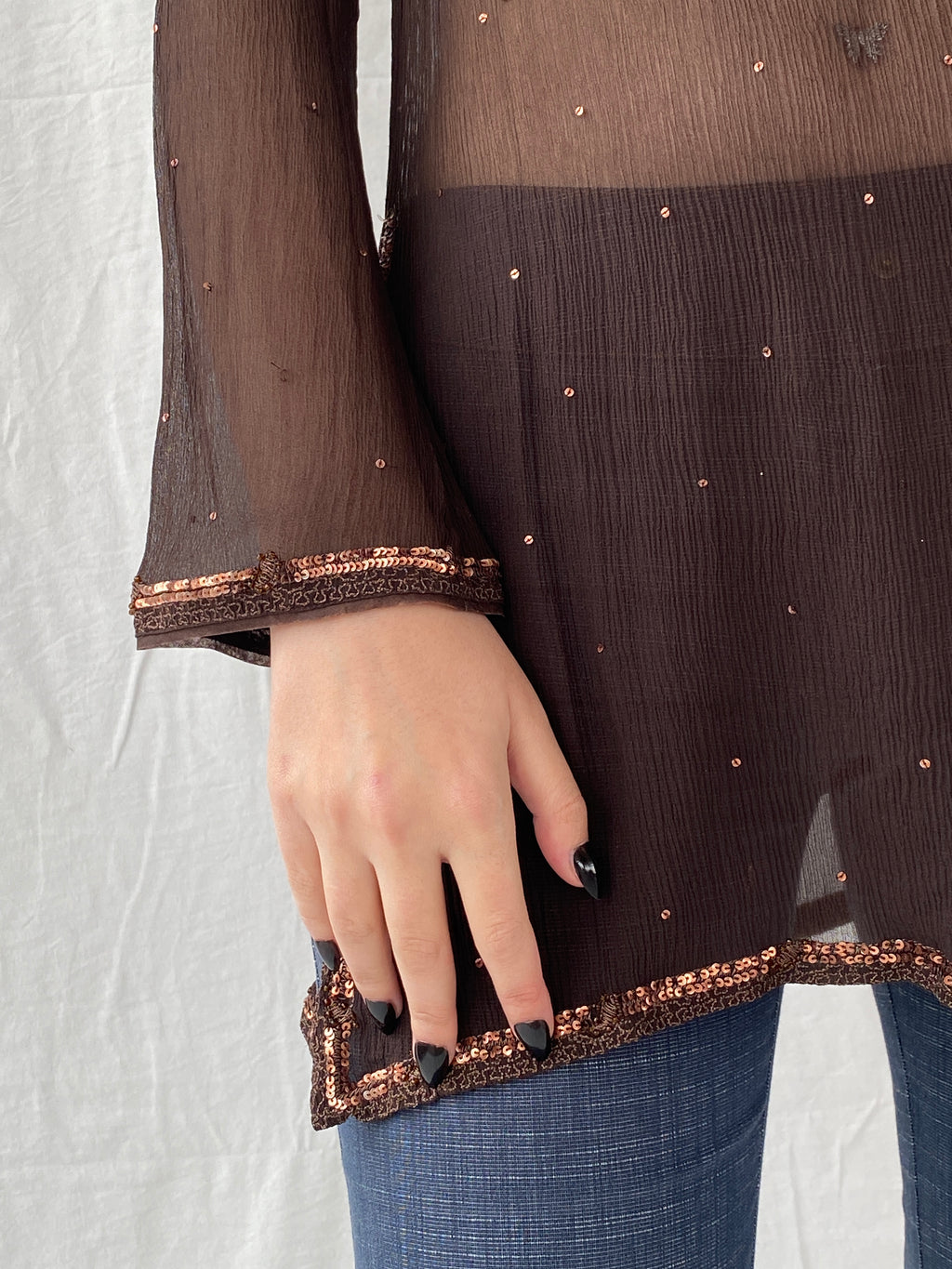 Subtle Luxury Autograph by Marks & Spencer Brown Sheer Silk Sequin Tunic Top Blouse - L