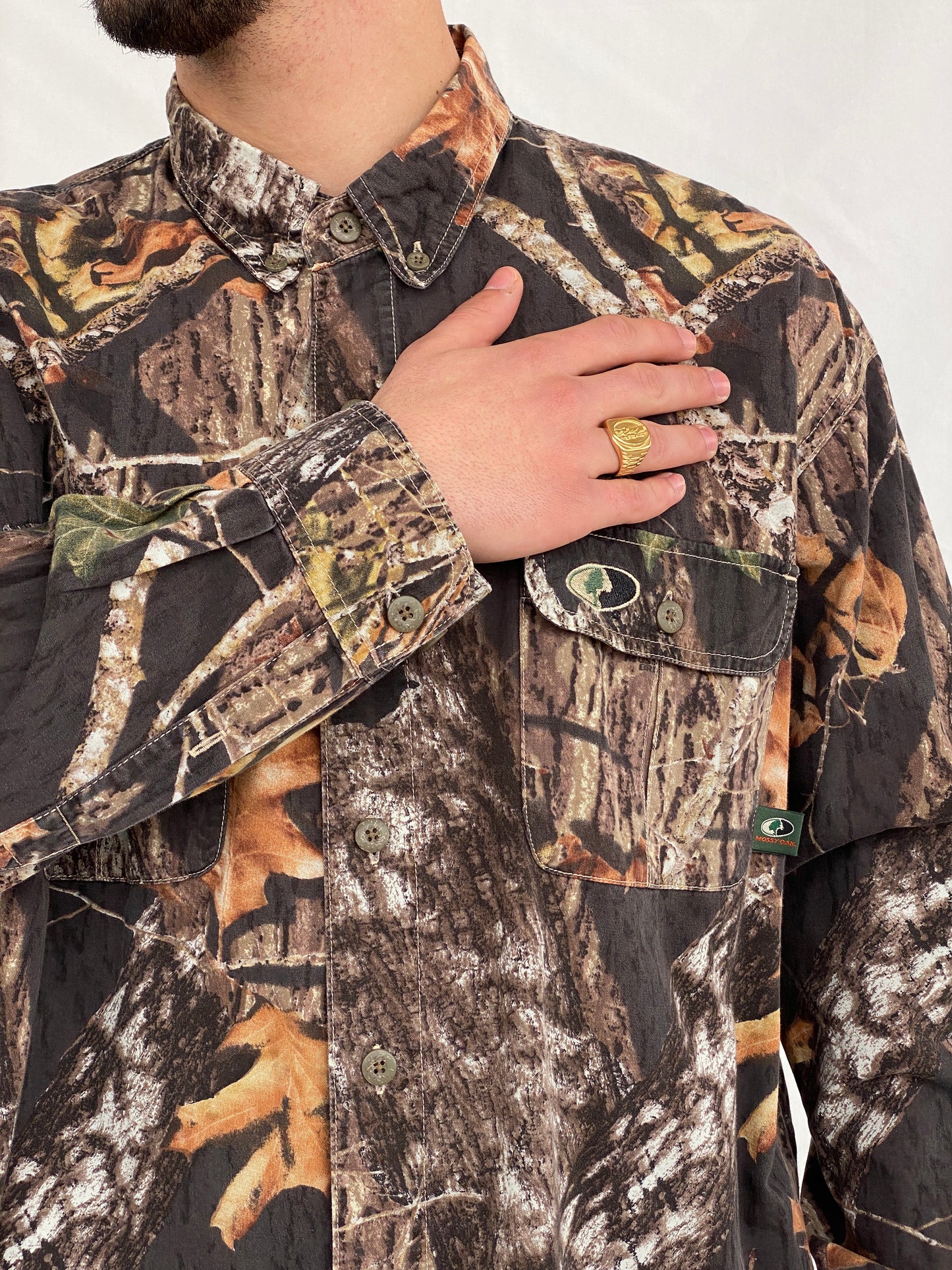 Vintage Mossy Oak Camo Break-Up Woodland Camouflage Button Down Long Sleeve Hunting Shirt - XL