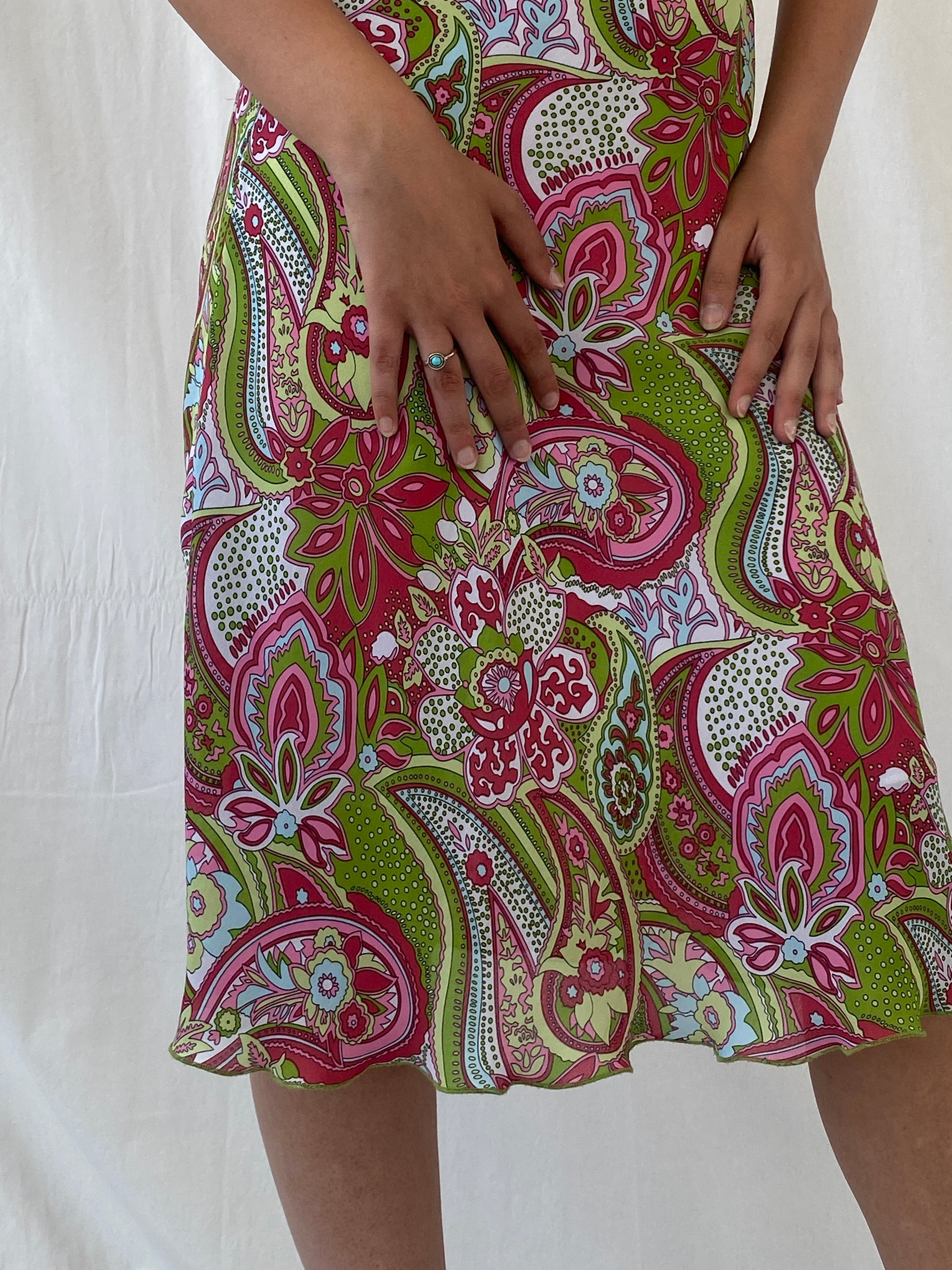 Vintage 90s Esmara Pink Green Paisley Print Midi Dress - S