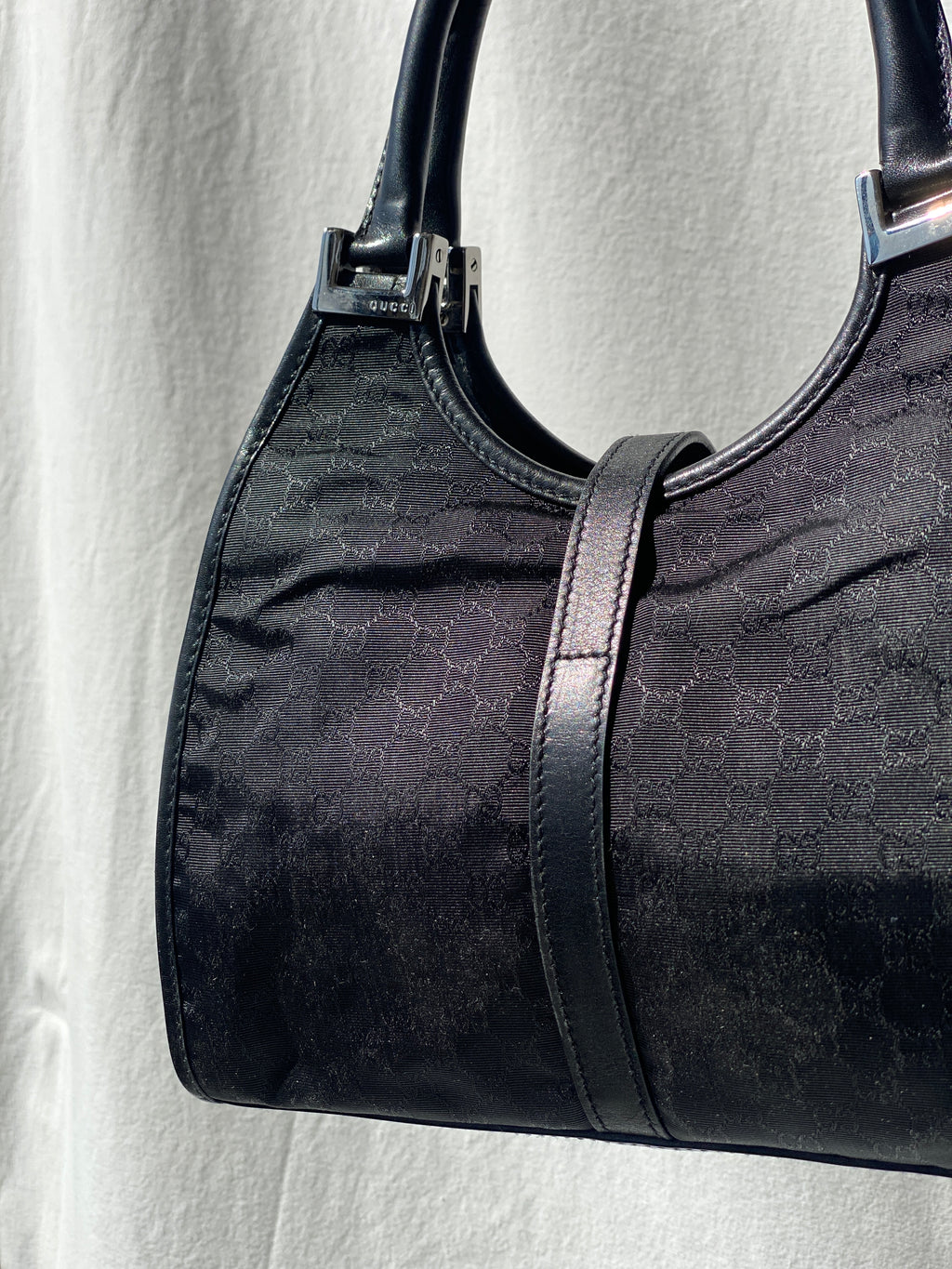 Vintage 00s Gucci Jackie Bardot Black Leather Monogram GG Canvas Mini Handbag