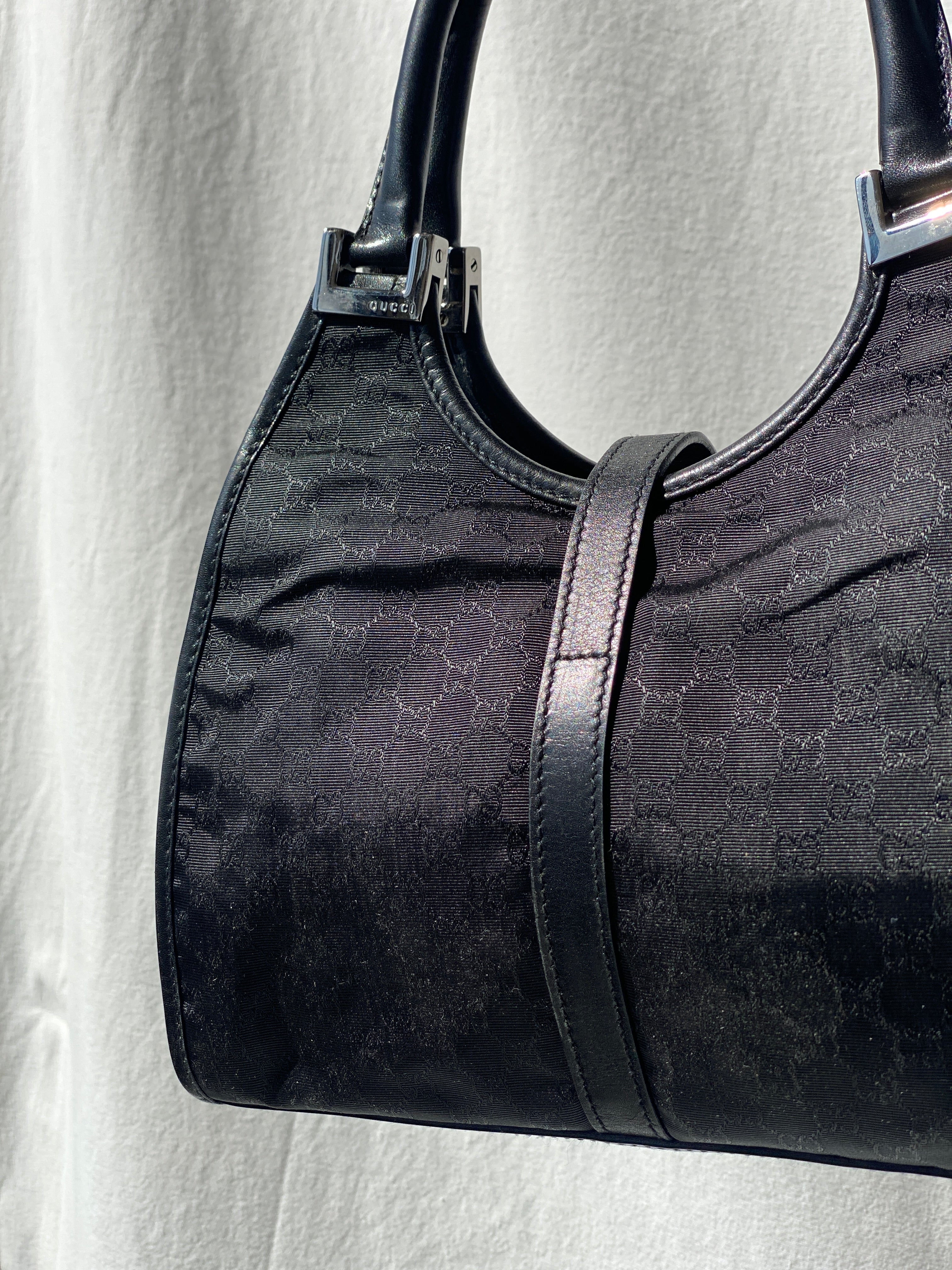 Vintage 00s Gucci Jackie Bardot Black Leather Monogram GG Canvas Mini Handbag