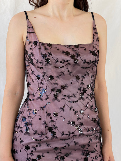 Vintage Jones New York Sequined Floral Pink Black Mesh Bodycon Short Dress - M