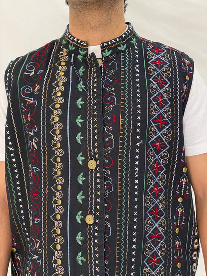 Vintage Tribal Embroidered Black Cotton Vest Oversized Boho Folk Waistcoat - L