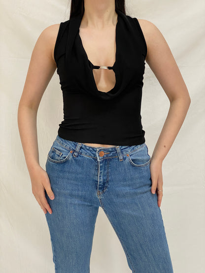 Vintage Y2K Black Sheer Cowl Neck Party Sleeveless Minimalist Club wear Top - S