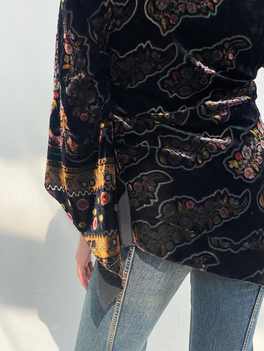 Y2K Velvet Sheer Black Bell Sleeve Top - M