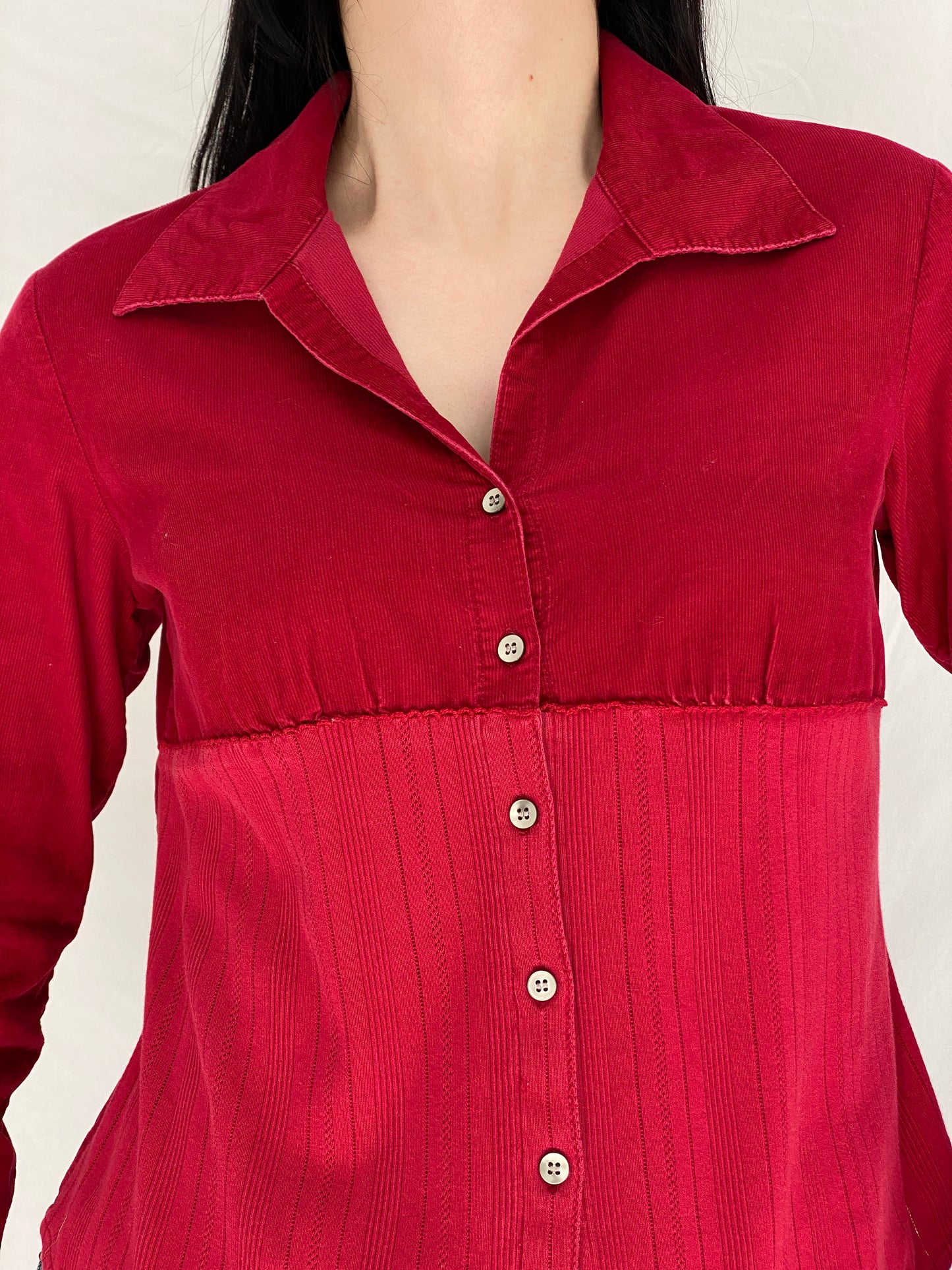 Vintage J.Jill Red Corduroy Corset Panel Shirt Fitted Button-Up Blouse - S