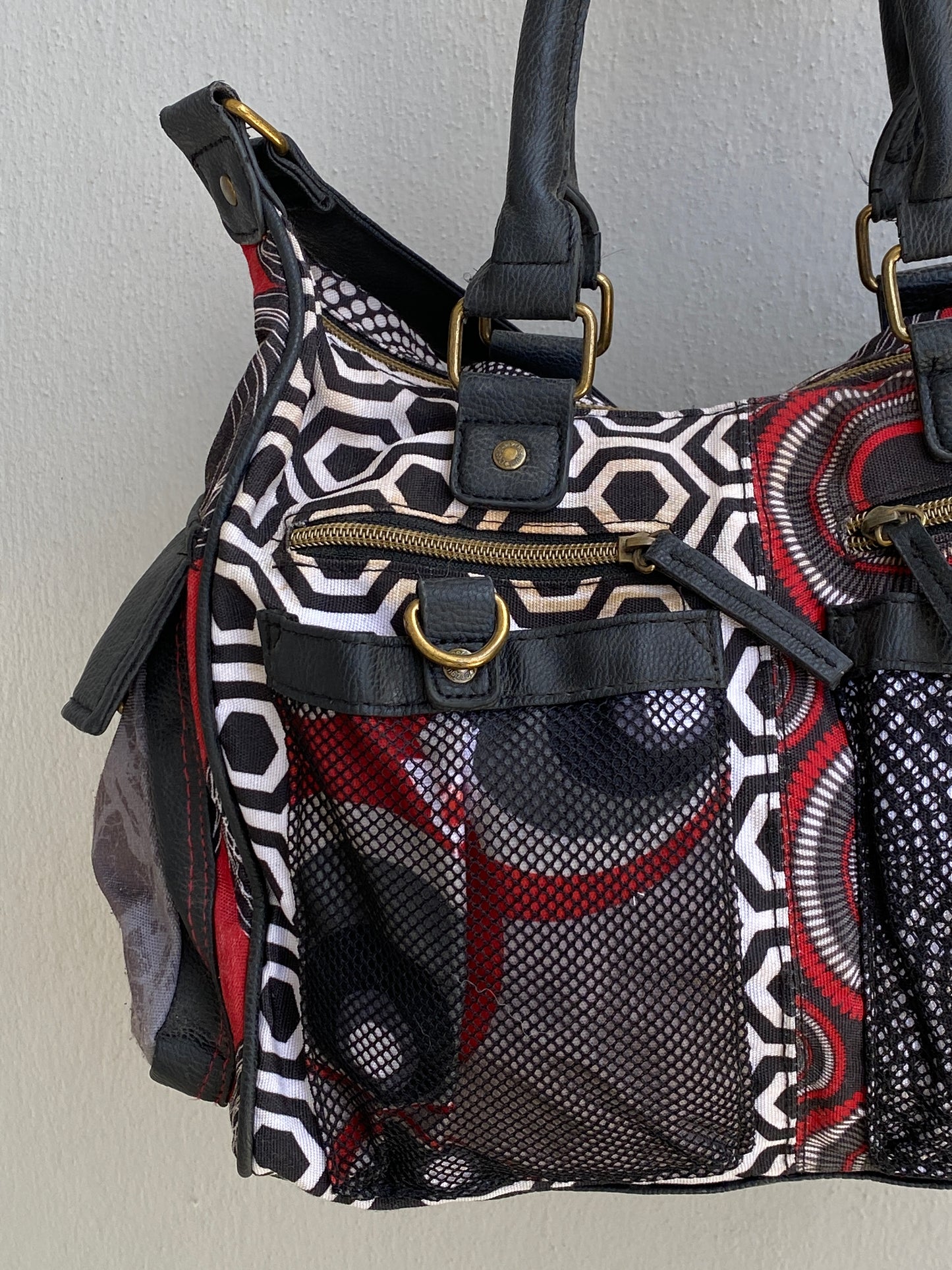 Vintage Y2K Desigual Patchwork Print Multi Pocket Shoulder Bag Boho Graphic Tote