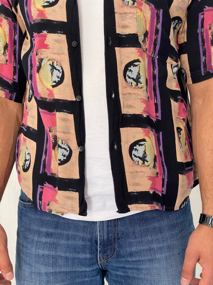 Vintage 90s Tribes Abstract Geometric Rayon Button-Up Shirt - M