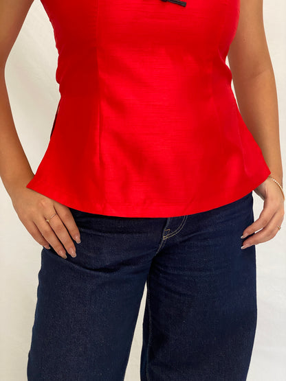 Vintage Handmade Japanese-Inspired Red Shantung Sleeveless Top – L