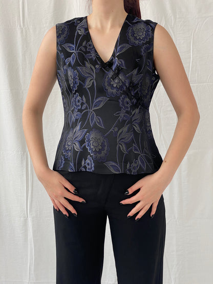 Vintage TINTORETTO Black Blue Floral Sleeveless Wrap Blouse Chinese Brocade Top - L