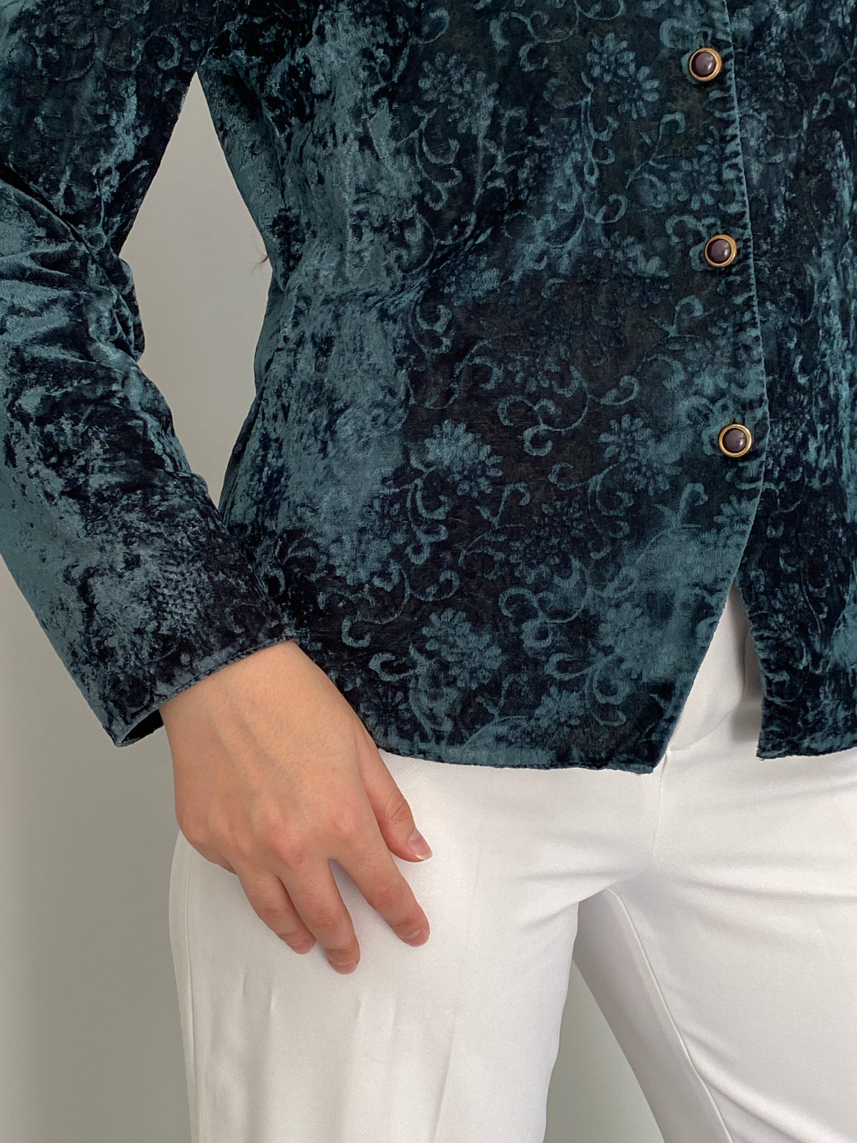 Vintage 90s Your Sixth Sense Teal Floral Crushed Velvet Button Blazer – L
