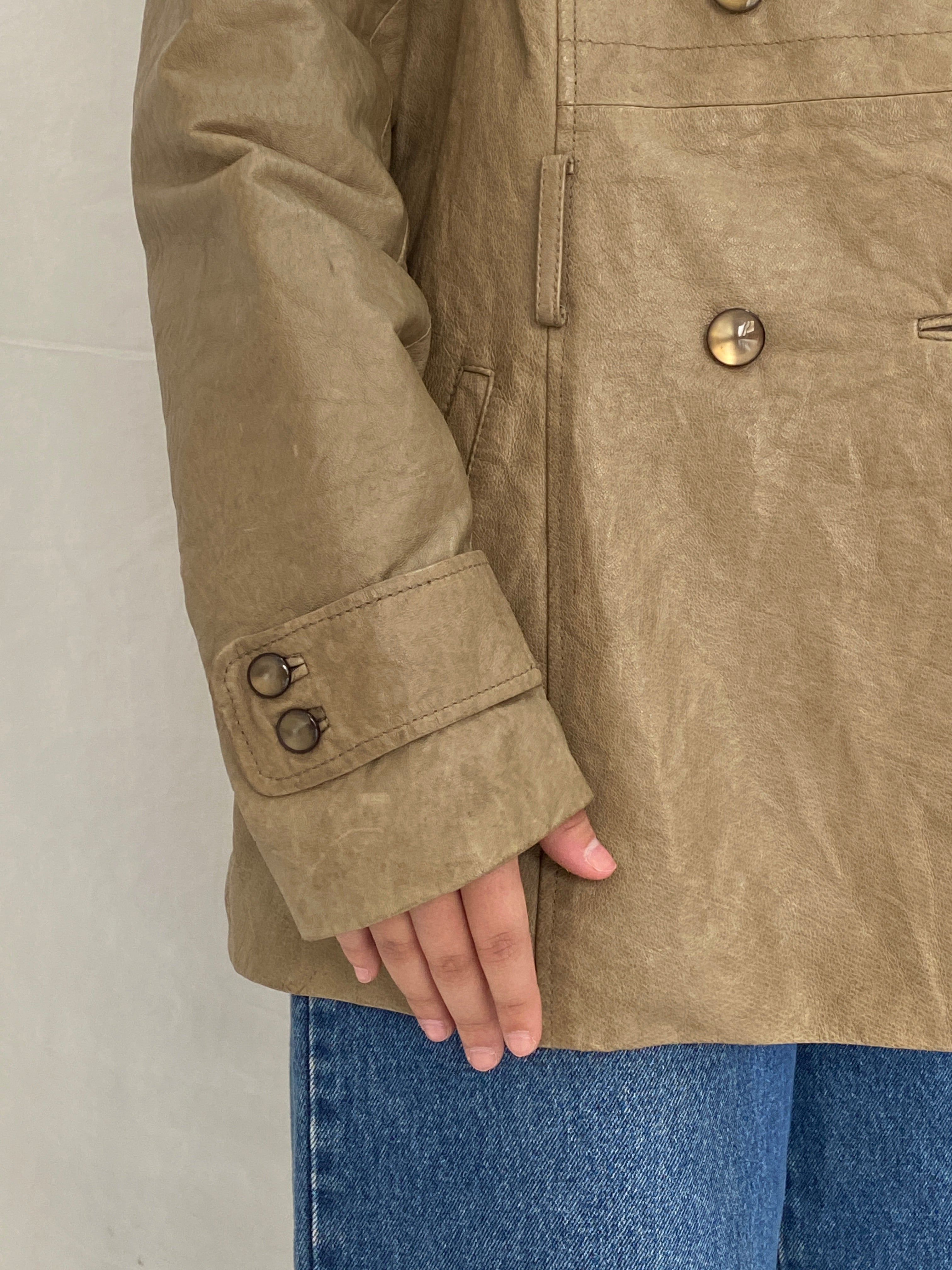 Vintage Plural Genuine Leather Olive Green Trench Style Jacket - L