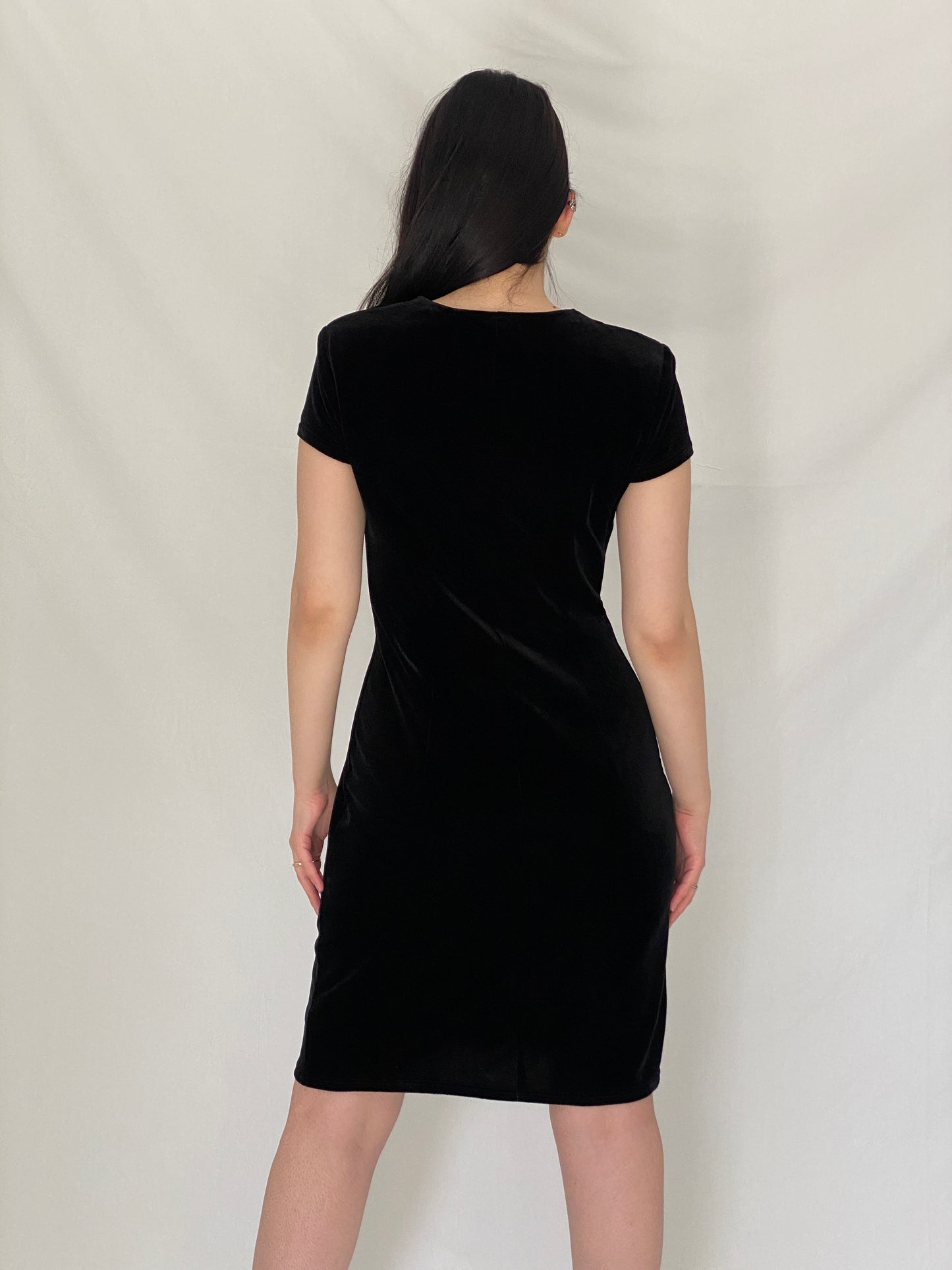 Vintage Amanda Lane Black Velvet Ruched 90s Minimal Evening Mini Dress – S