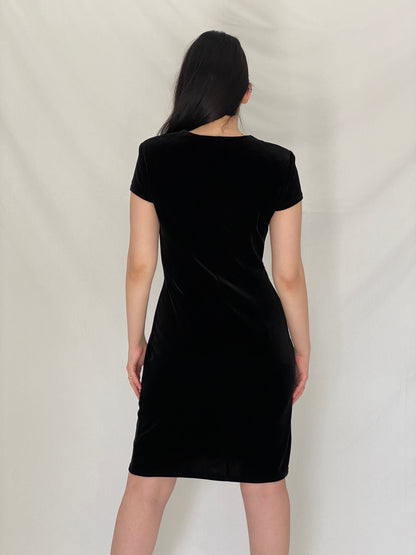 Vintage Amanda Lane Black Velvet Ruched 90s Minimal Evening Mini Dress – S