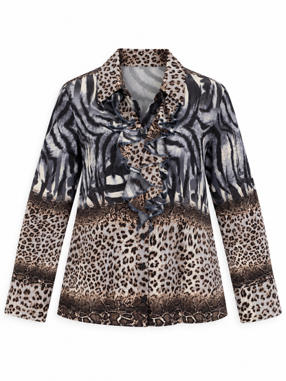 Y2K BiBA Grey & Brown Mixed Animal Print Shirt Ruffle Blouse – M