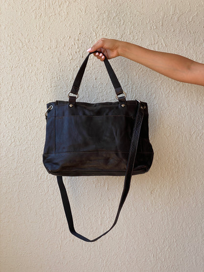 Vintage Y2K Fossil Long Live Vintage Black Distressed Leather Convertible Satchel Crossbody Bag