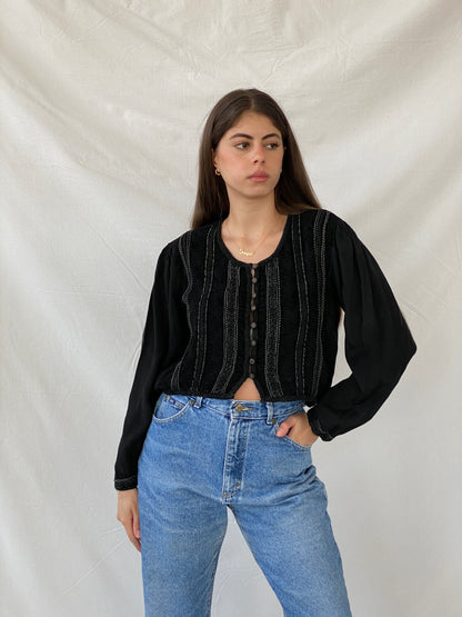 Vintage Boho Goth Black Long Sleeve Button Front Cropped Top