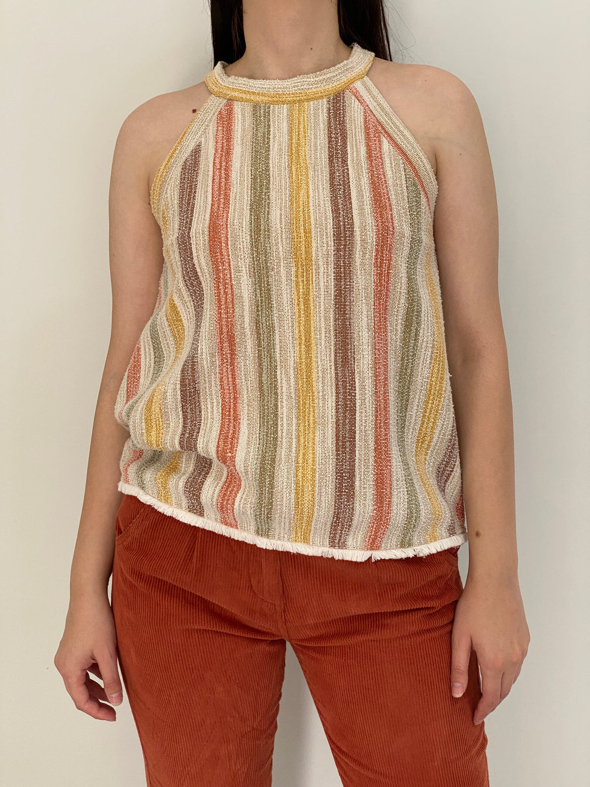 Vintage Earth Tones Multicolor Striped Woven Halter Top - M