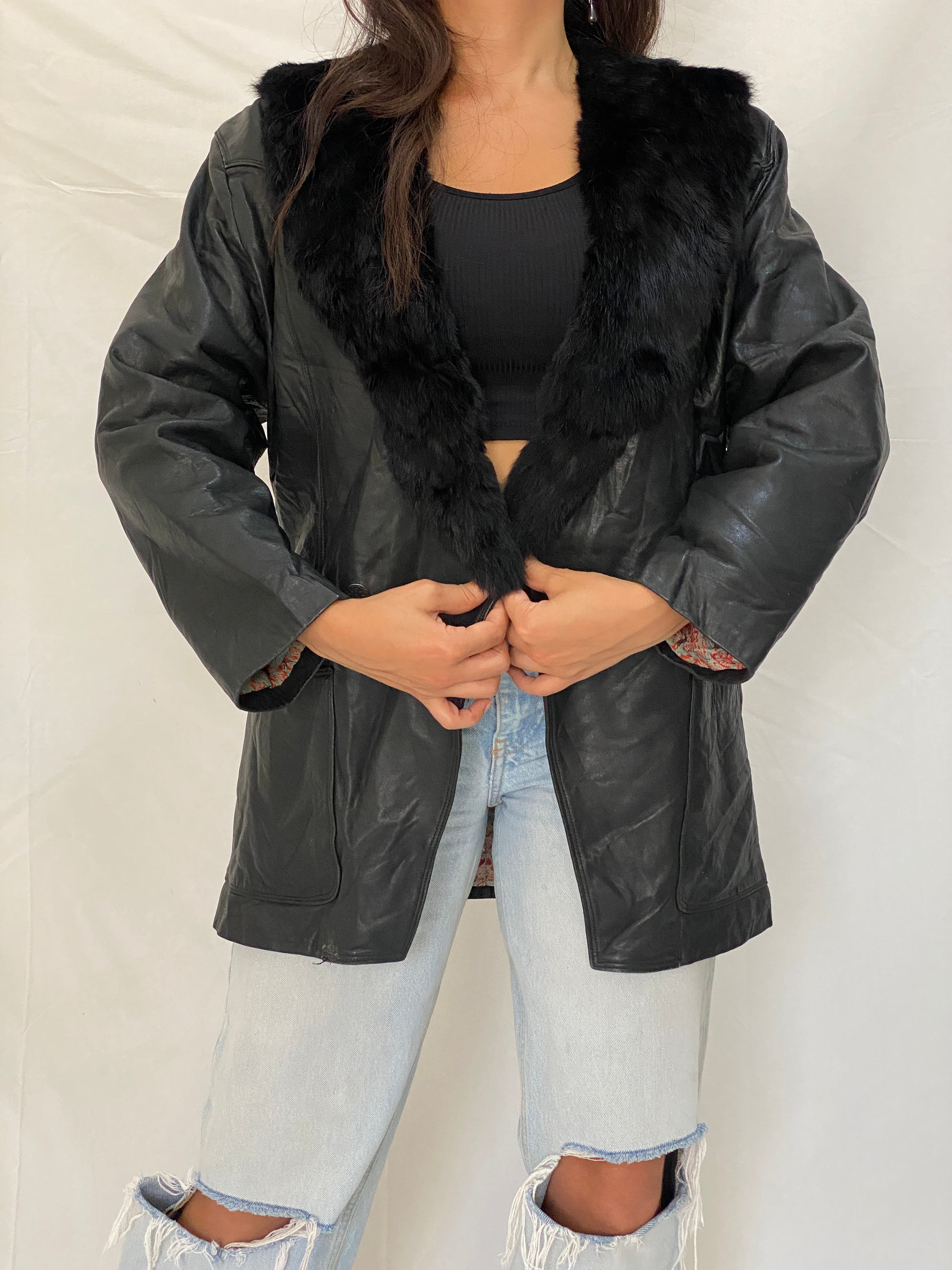 Vintage Patricia Italian Leather Coat Black Fur Collar 80s Oversized Blazer Jacket - M