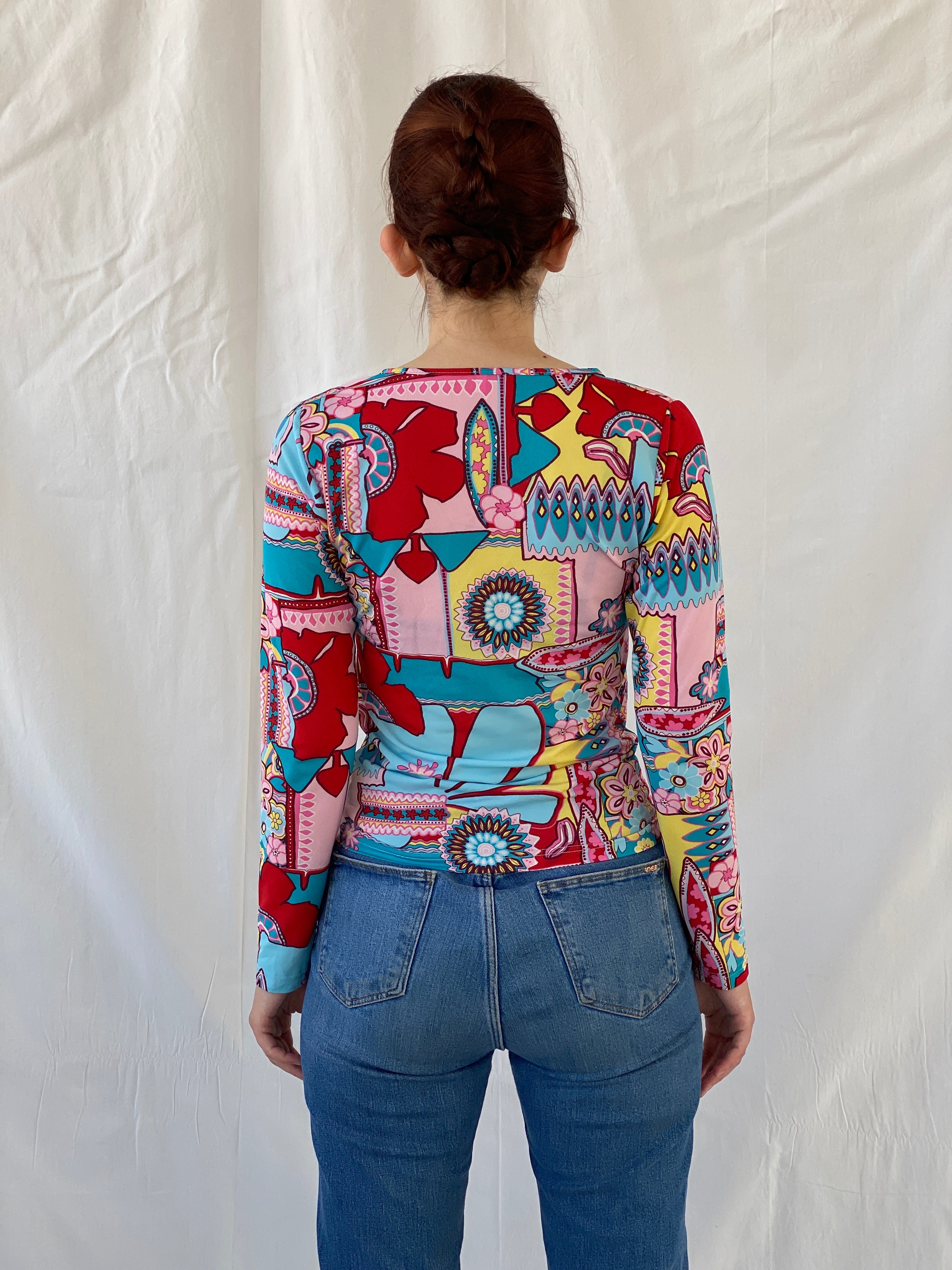 Vintage Colorful Mandala Floral Print Blouse Long Sleeve Groovy Top - M