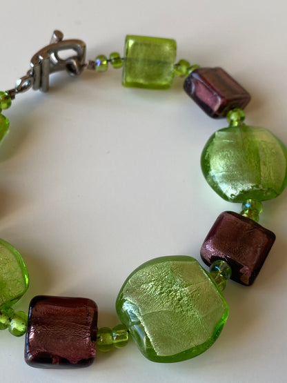 Vintage Lampwork Glass Bead Bracelet Green & Plum Artisan Beads with Toggle Clasp