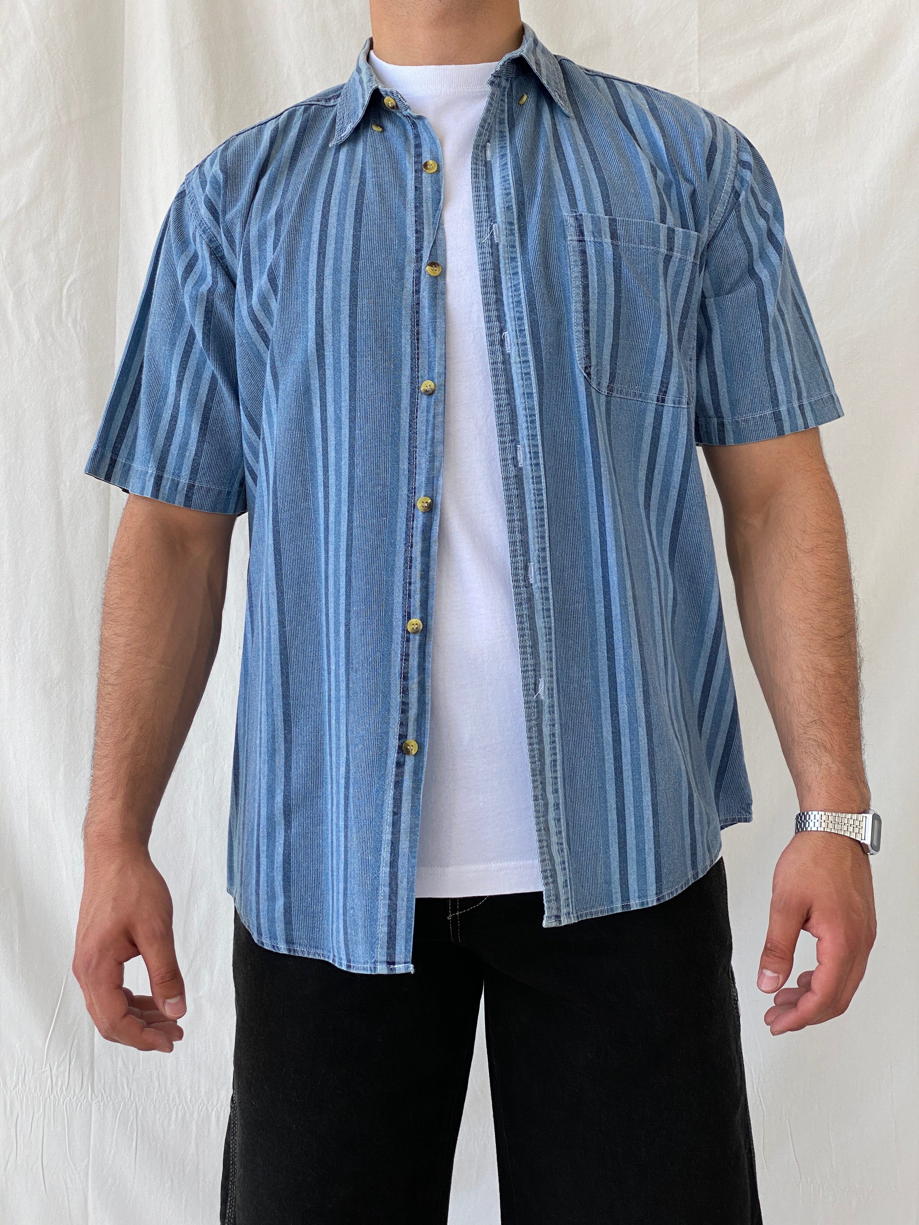 Vintage 90s Faded Glory Men’s Button Up Striped Blue Short Sleeve Cotton Shirt - L