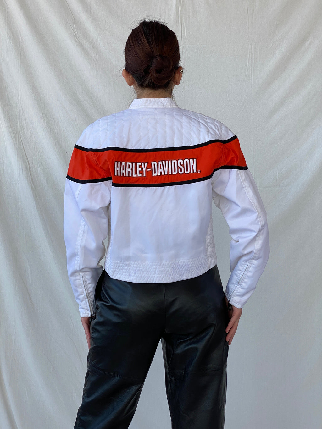 Vintage Harley Davidson Cropped Racing Bomber Jacket White & Orange Motorcycle Streetwear - L