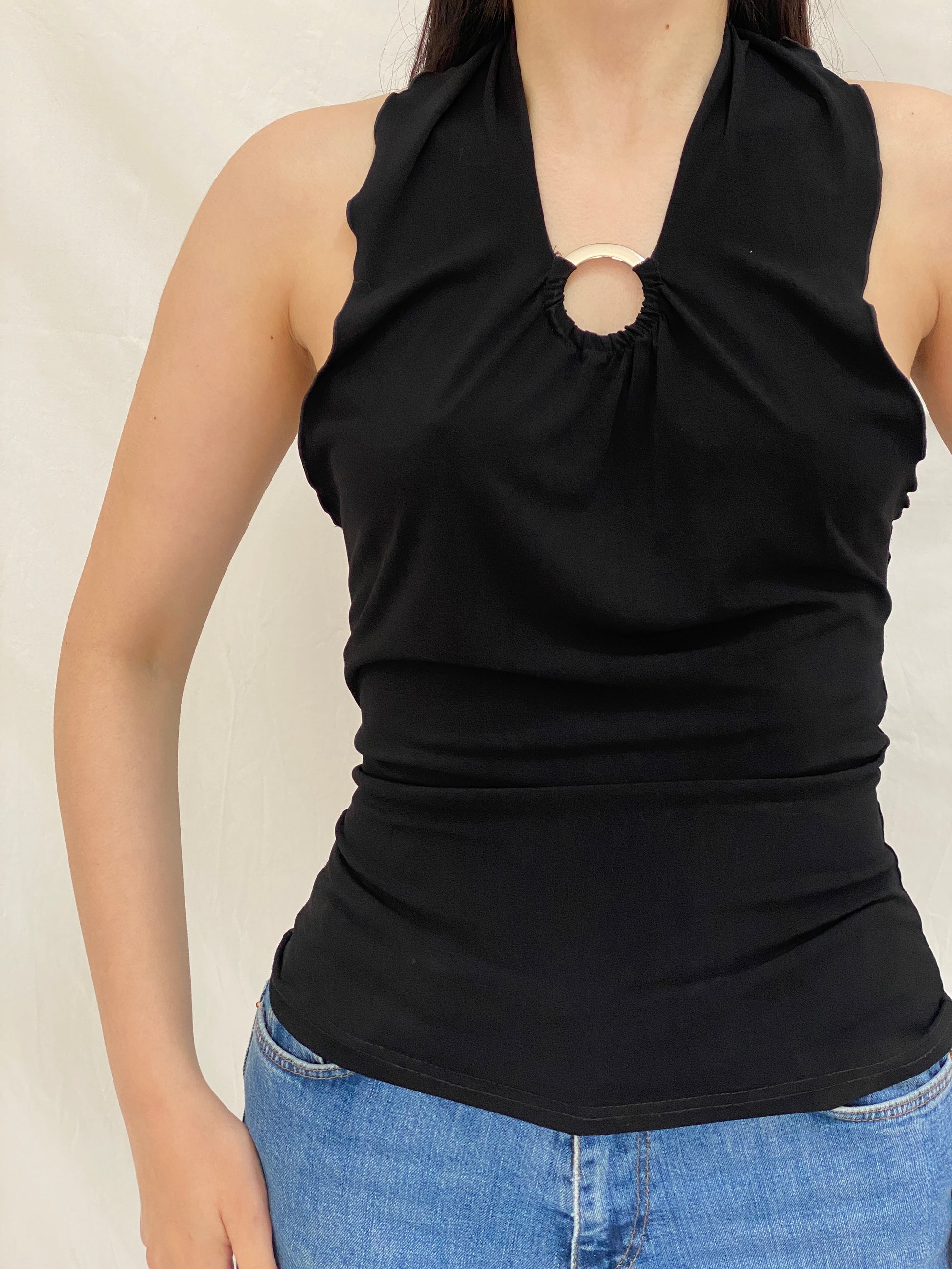 Vintage Y2K Black Halter Top Xanaka Ring Detail Draped Neckline - M