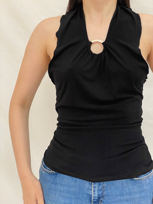Vintage Y2K Black Halter Top Xanaka Ring Detail Draped Neckline - M