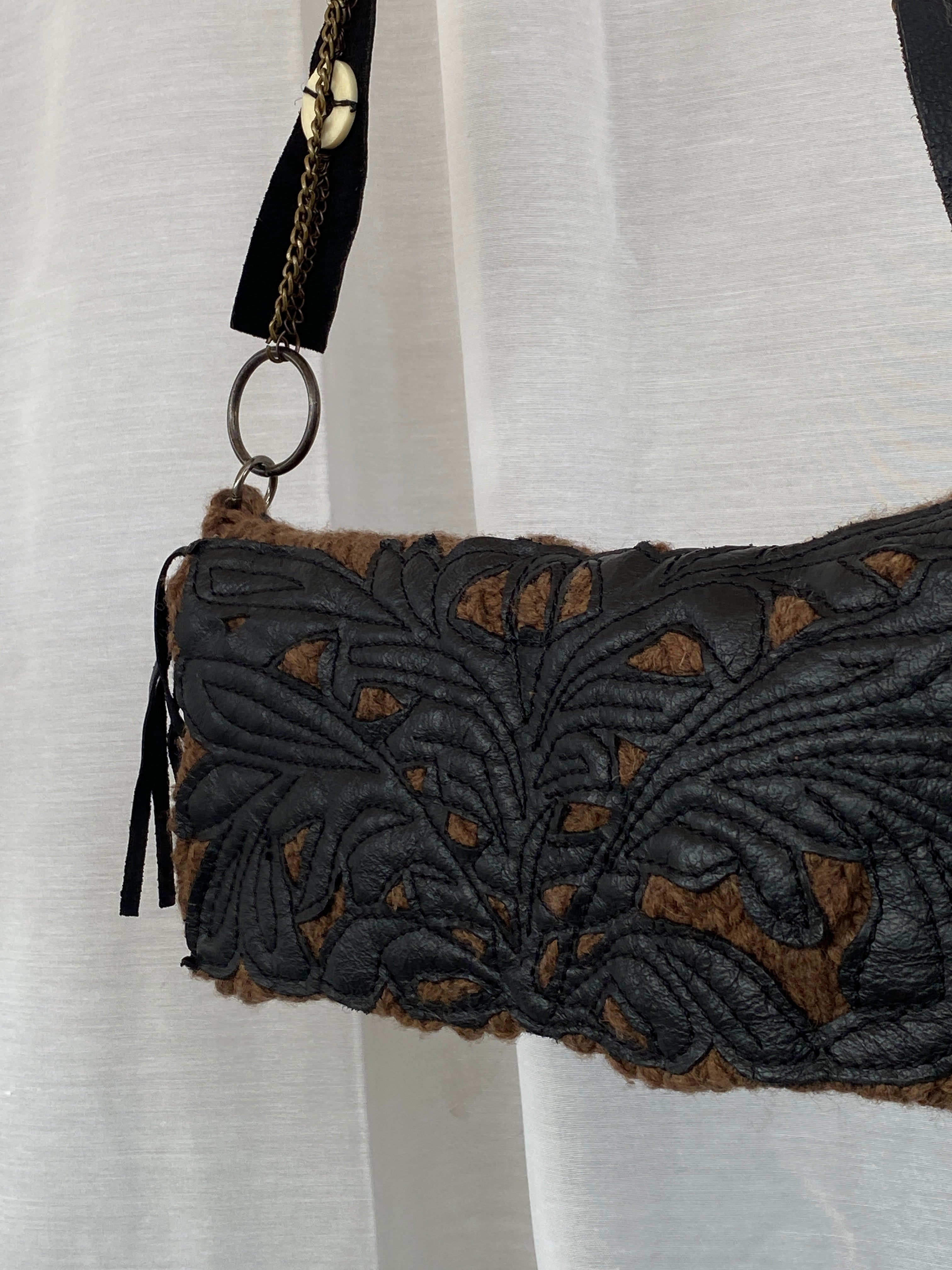 Y2K Chine Belgian Design Brown Crochet and Leather Shoulder Bag