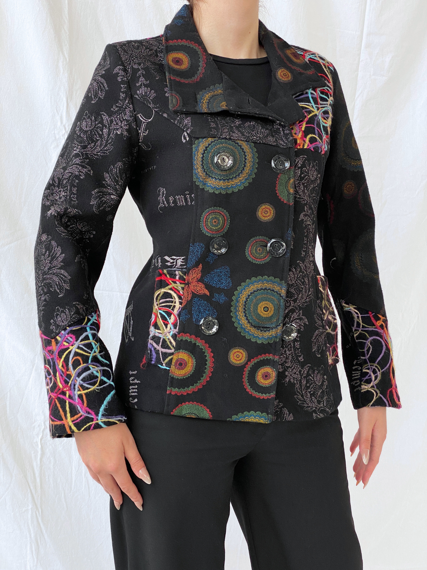 Vintage Boho Embroidered Wool Blend Black Women’s Jacket - M