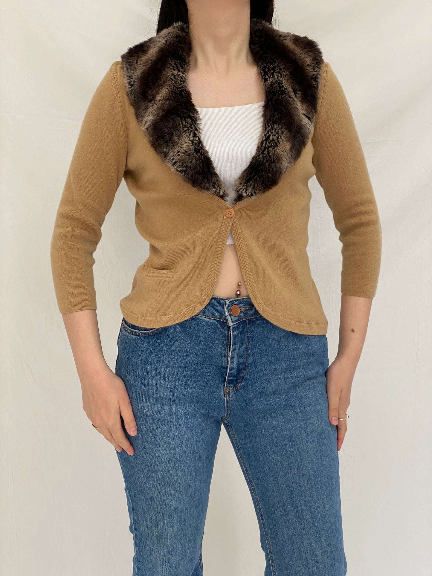Vintage CO-OP Camel Merino Wool Blend Cardigan with Faux Fur Collar - L