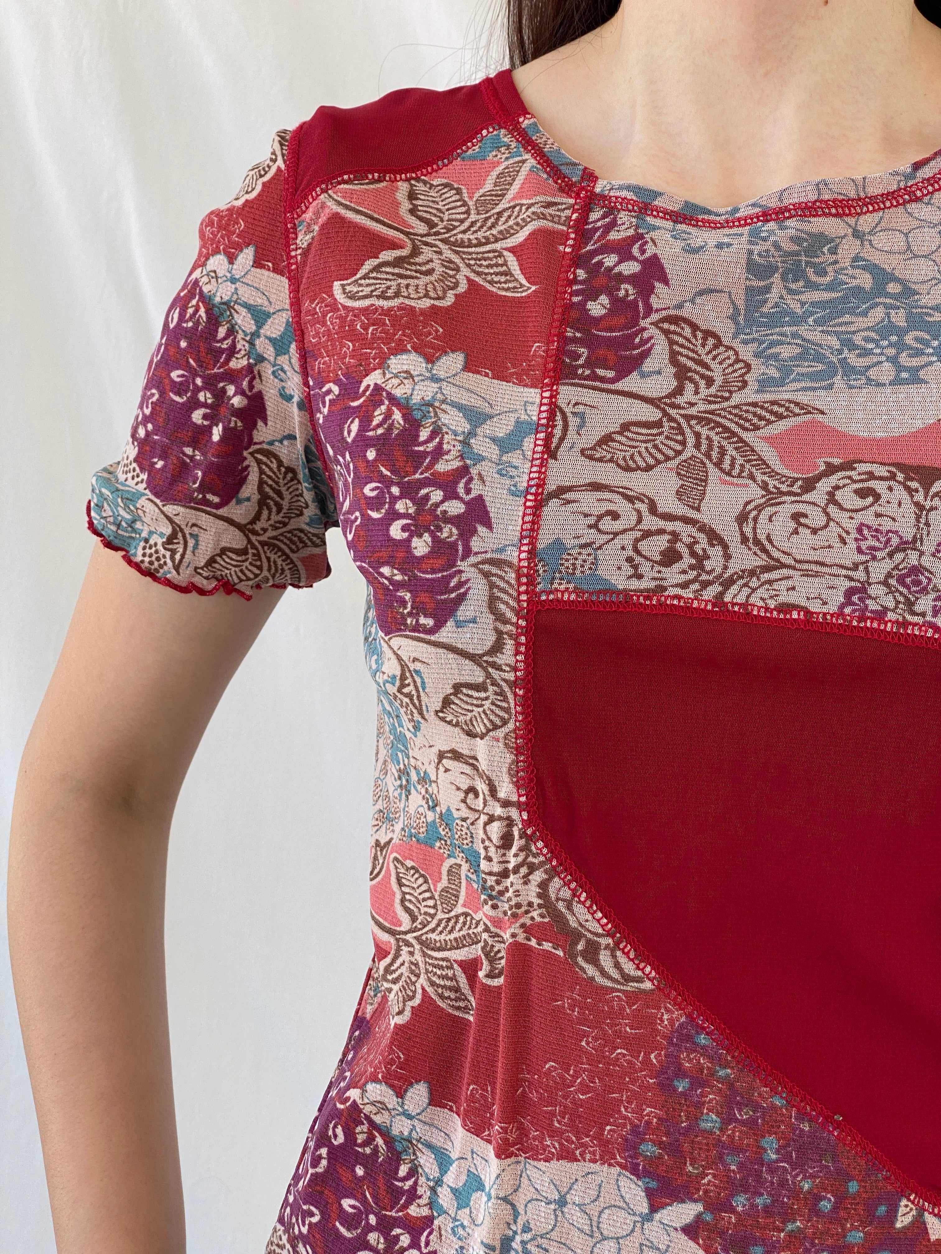 Y2K Daxon Red Patchwork Style Floral Short Sleeve Mesh Top - L