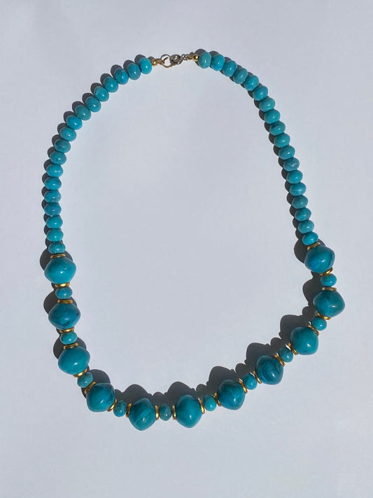 Vintage Marbled Blue Gold Tone Bead Necklace