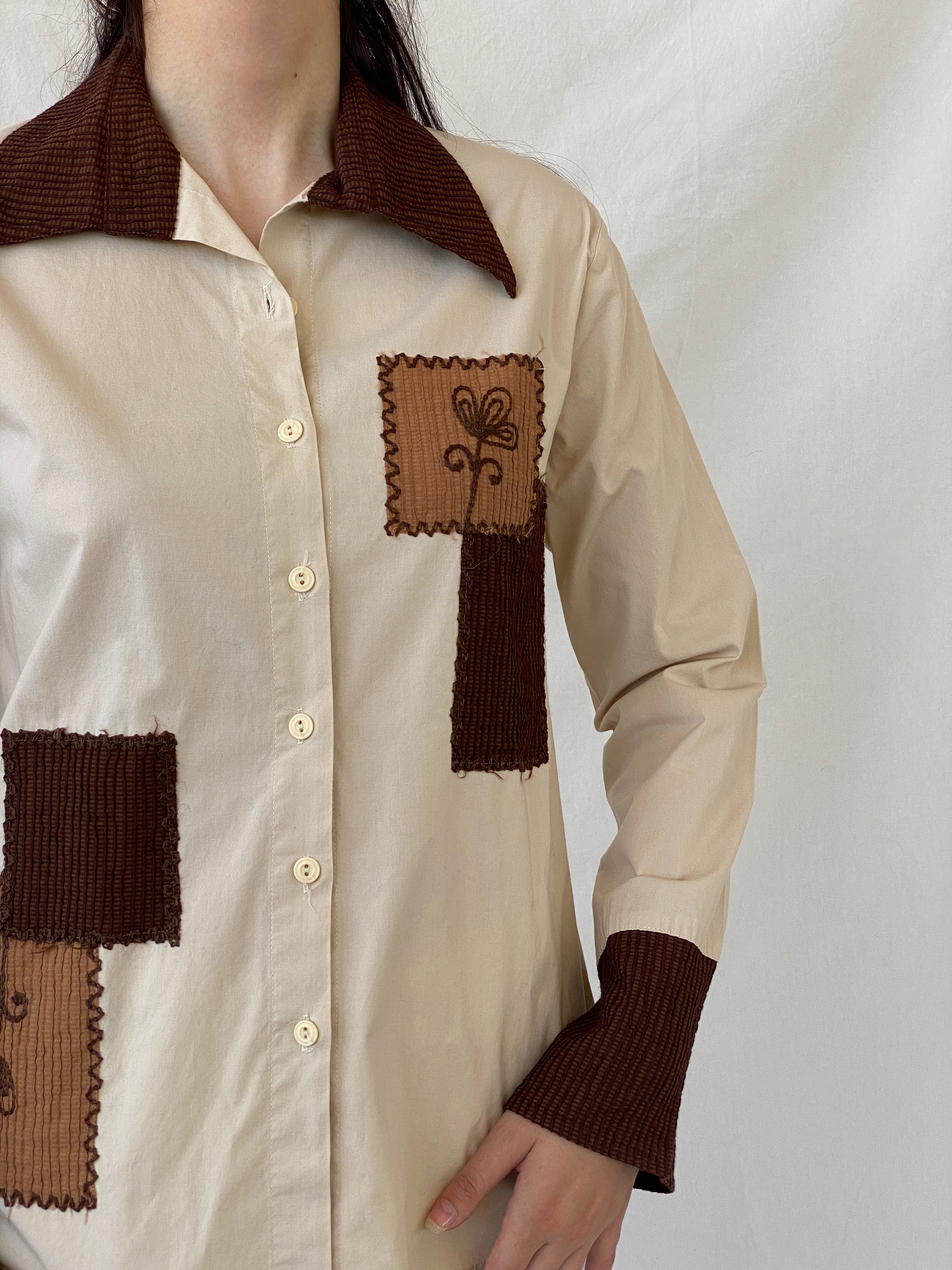 Vintage Y2K Sem Beige Patchwork Full Sleeve Button Up Shirt - L
