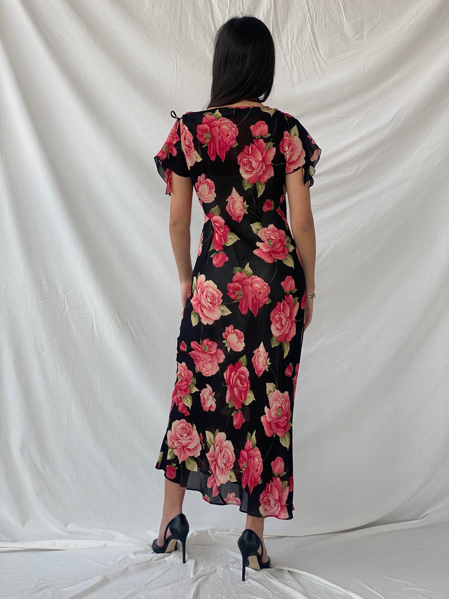 Beautiful 90s Wallis Floral Pink and Black Full Sheer Maxi Dress - M