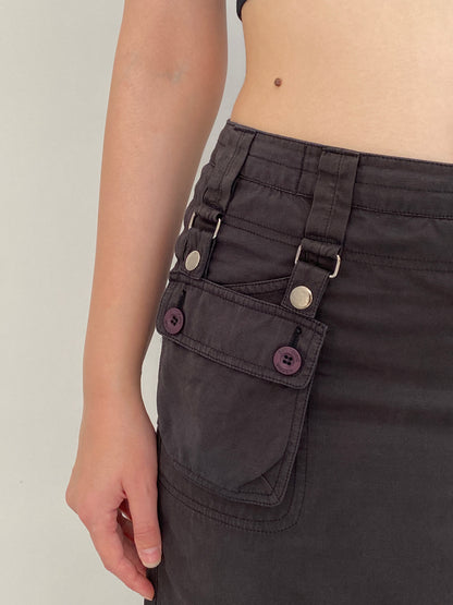 Vintage Y2K Gin Tonic Charcoal Grey Cotton-Blend Utility Zip-Front Midi Skirt - 40EUR