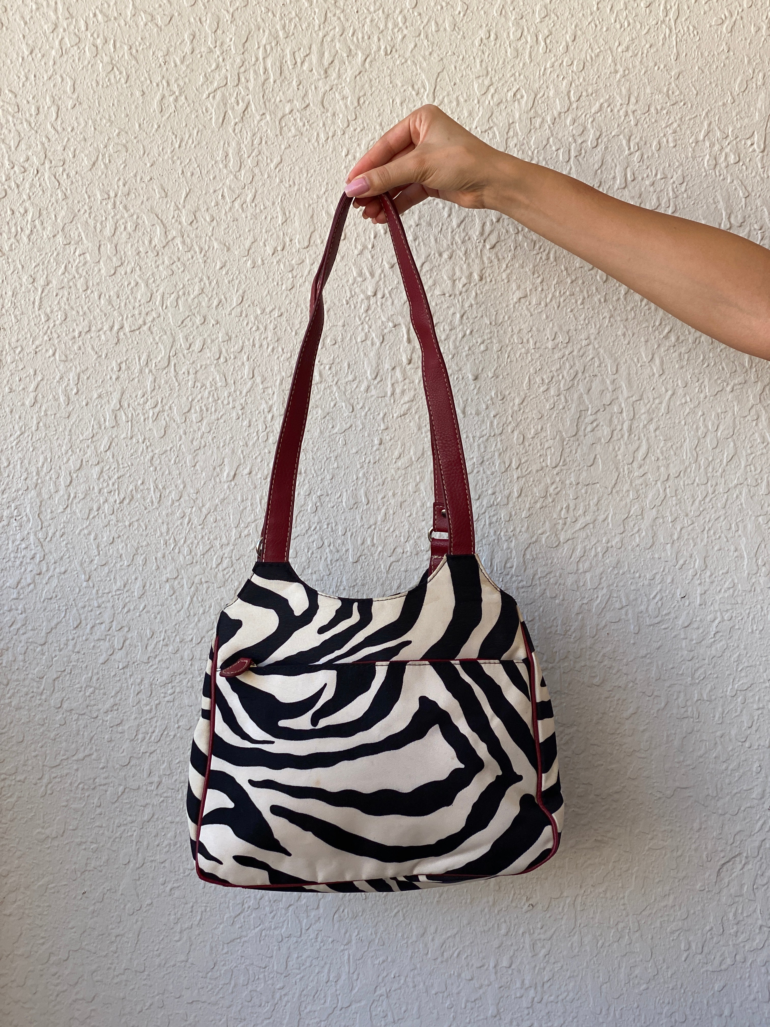 Vintage Y2K Zebra Print Black White Shoulder Bag Canvas with Faux Leather Red Detailing Purse