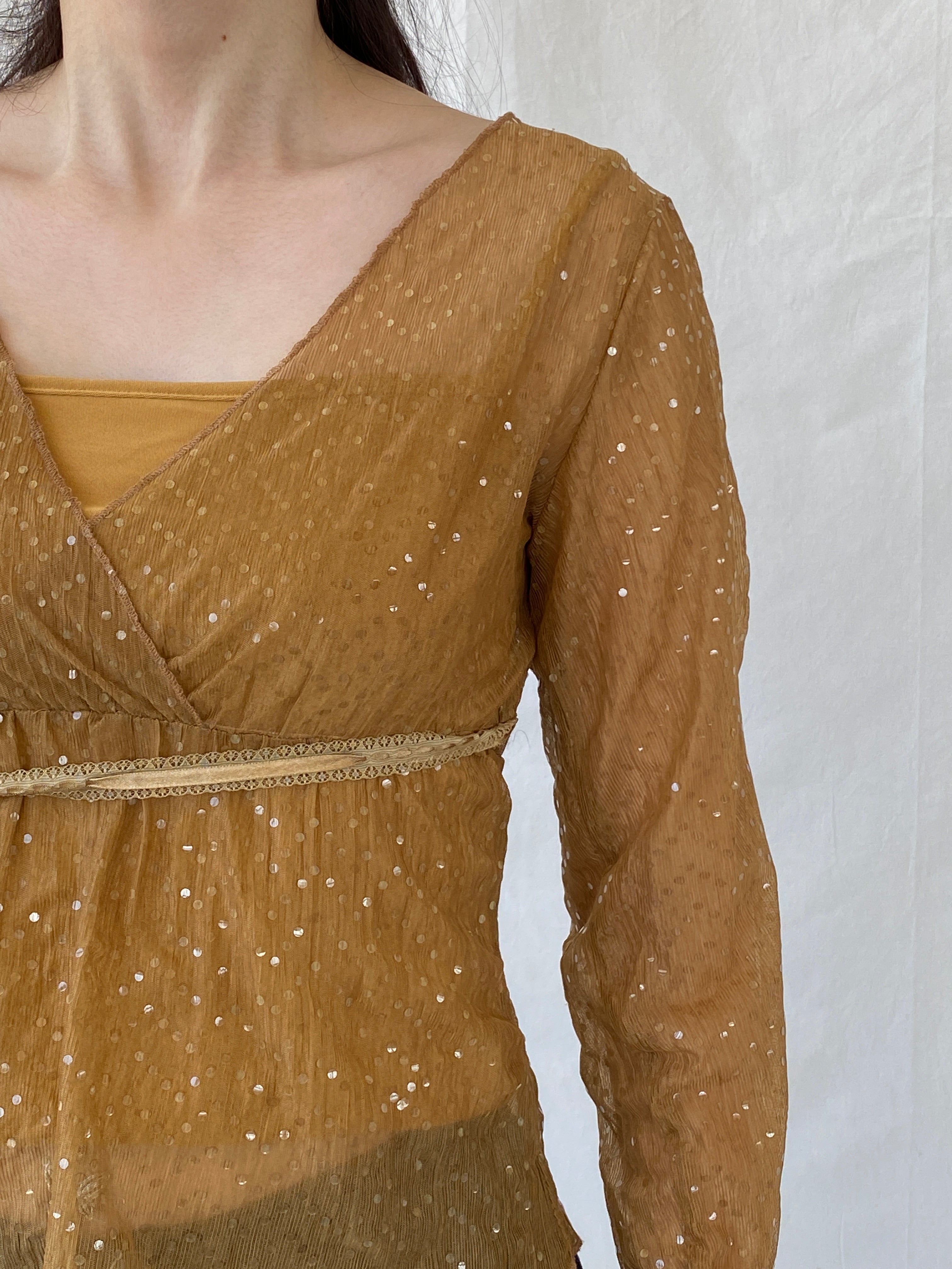 Vintage Y2K Jus D’ Orange Shimmer Fairy Sequin Sheer Bronze Top - M