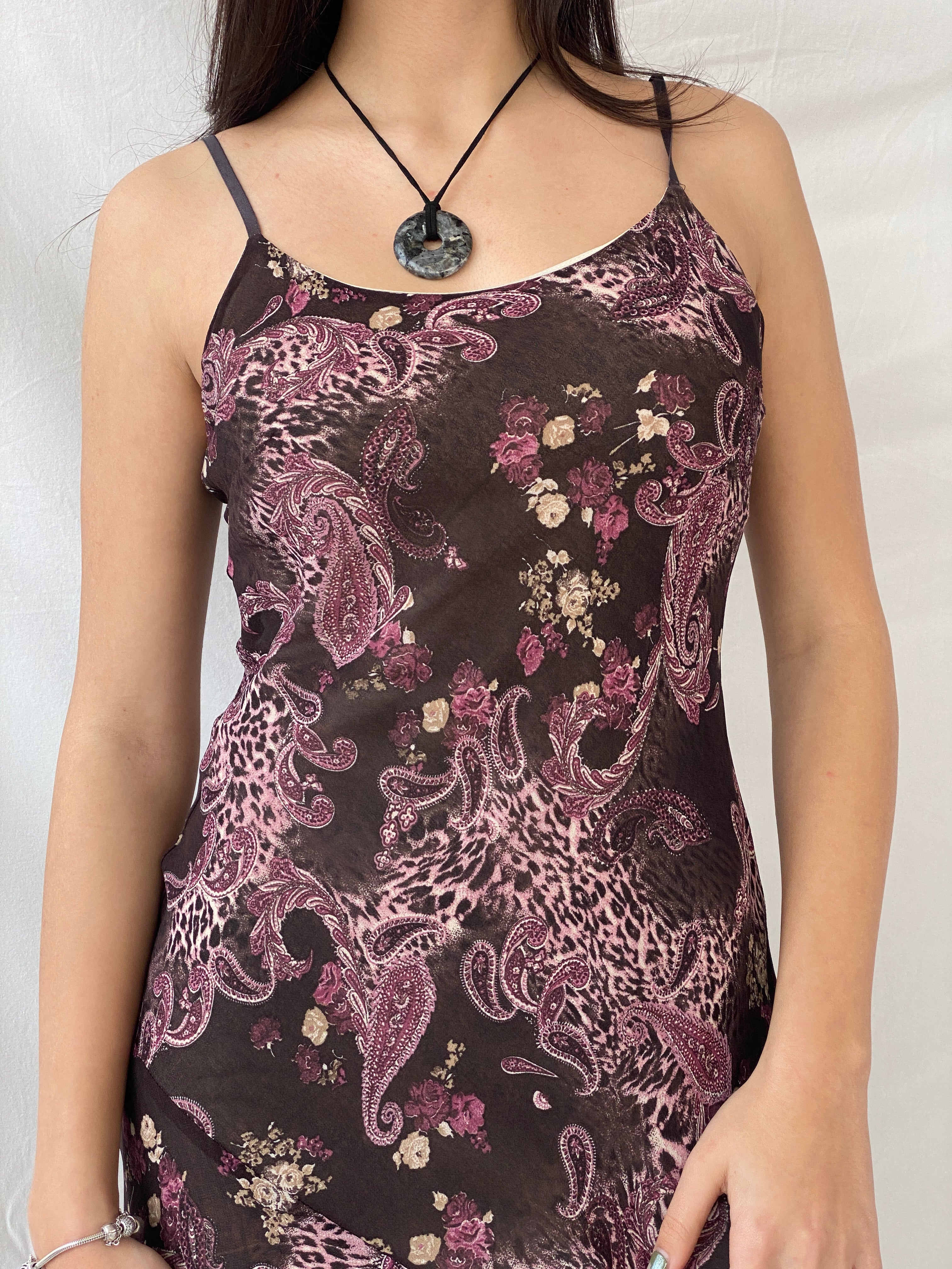 Y2K Orsay Fairy Paisley Print Midi Grunge Asymmetric Hem Dress - S