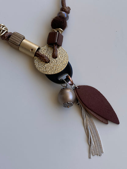 Vintage Y2K Boho Brown Cord Mixed-Media Gold-Tone Charm Statement Necklace