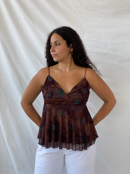 90s My Michelle Boho Peacock Print Brown Sheer Layered Cami - L